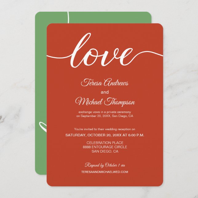 Orange Sage green Elopement wedding reception  Invitation (Front/Back)