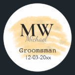 Orange sage green groomsman add name letter date b classic round sticker<br><div class="desc">design</div>