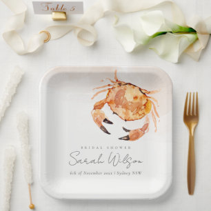Orange Sand Coastal Crab Nautical Bridal Shower Paper Plate