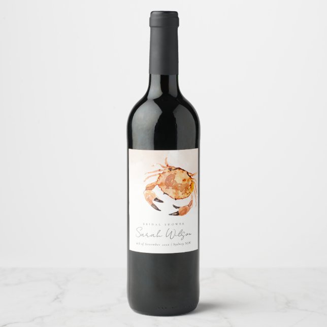Orange Sand Coastal Crab Nautical Bridal Shower Wine Label (Front)