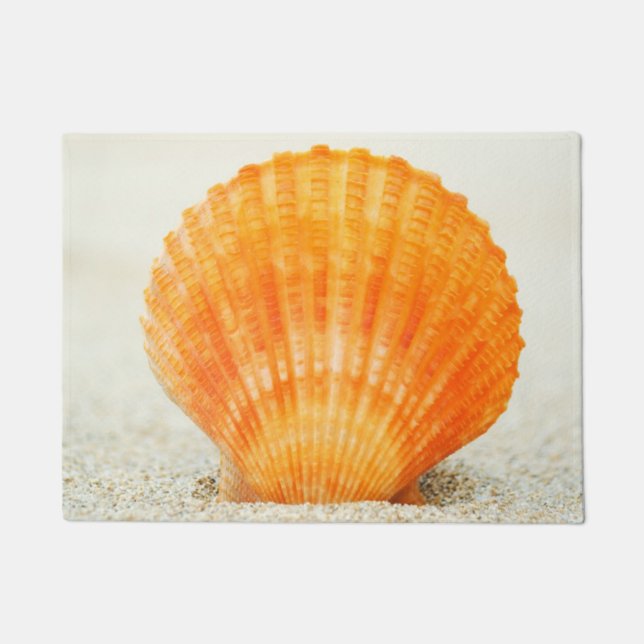 Orange Scallop Shell Standing Upright In Sand Doormat (Front)