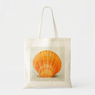 Orange Scallop Shell Standing Upright In Sand Tote Bag