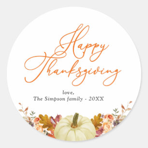 orange script happy thanksgiving  classic round sticker