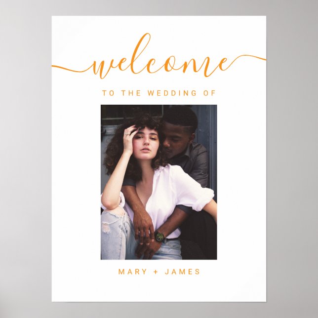 Orange Script Photo Wedding Welcome Sign (Front)