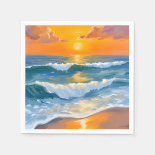 Orange Sea Sunset Watercolor Ocean Painting Napkin