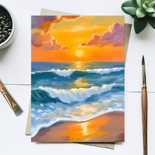 Orange Sea Sunset Watercolor Ocean Waves Painted Postcard