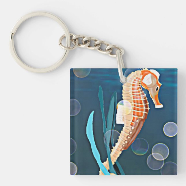 Orange Seahorse against the sea with bubbles Keychain (Front)