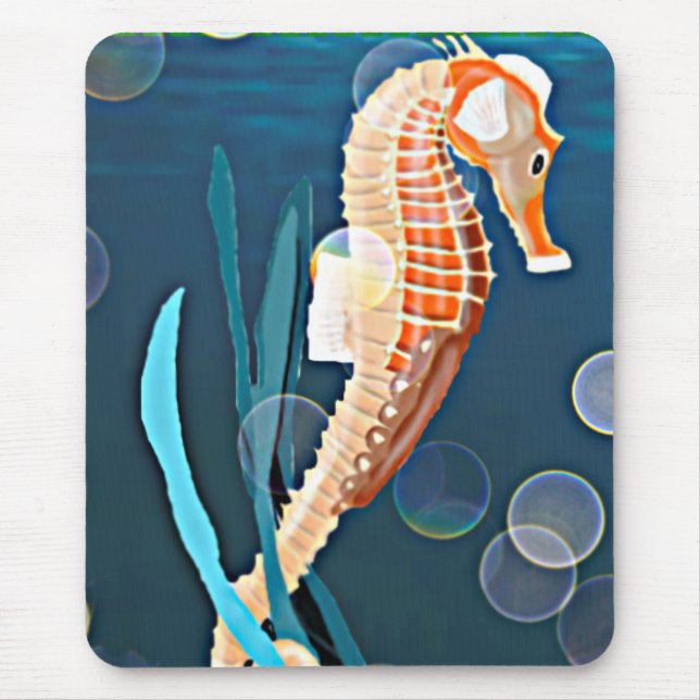 Orange Seahorse against the sea with bubbles Mouse Pad (Front)