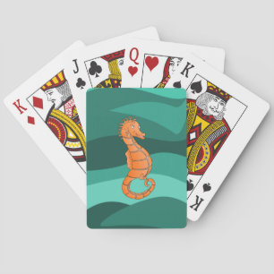Orange seahorse in the swirling green sea playing cards