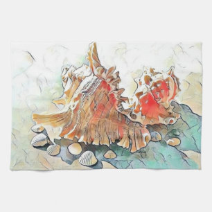 Orange Seashells on beach watercolor painting  Kitchen Towel