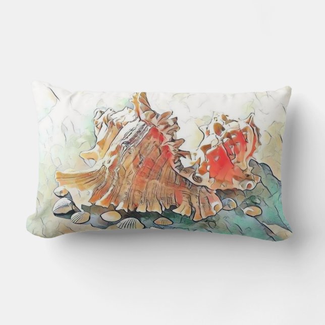 Orange Seashells on beach watercolor painting  Lumbar Pillow (Front)