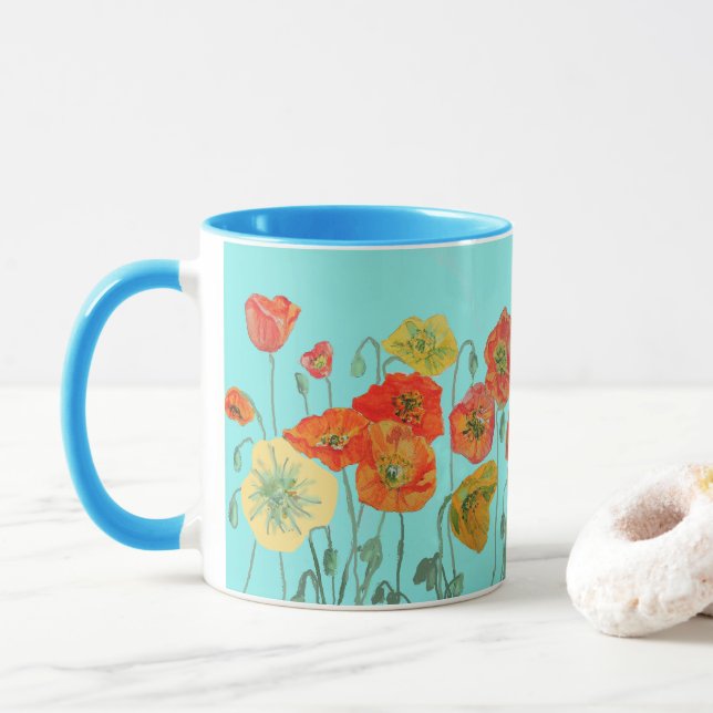Orange Shabby Poppy Flowers Mom Daughter Mug Aqua (With Donut)
