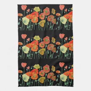 Orange Shabby Poppy Watercolour Tea Towel Black