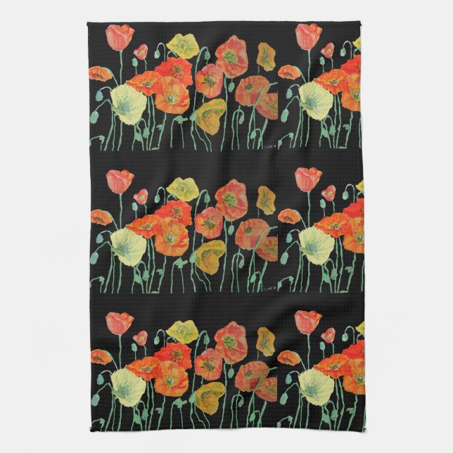 Orange Shabby Poppy Watercolour Tea Towel Black (Vertical)