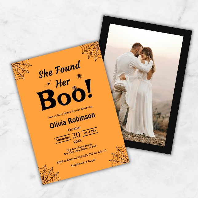 Orange She Found Her Boo Halloween Bridal Shower  Invitation (Orange Photo She Found Her Boo Halloween Bridal Shower Invitation   )