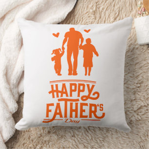 Orange Silhouette Dad Two Kids Hearts Throw Pillow