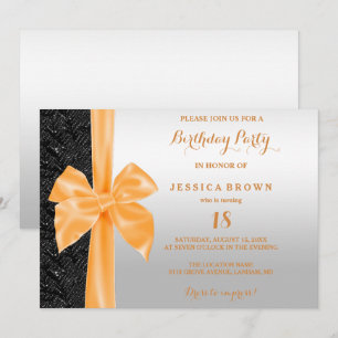 Orange Silk Bow Black Sequins 18th Birthday Invitation