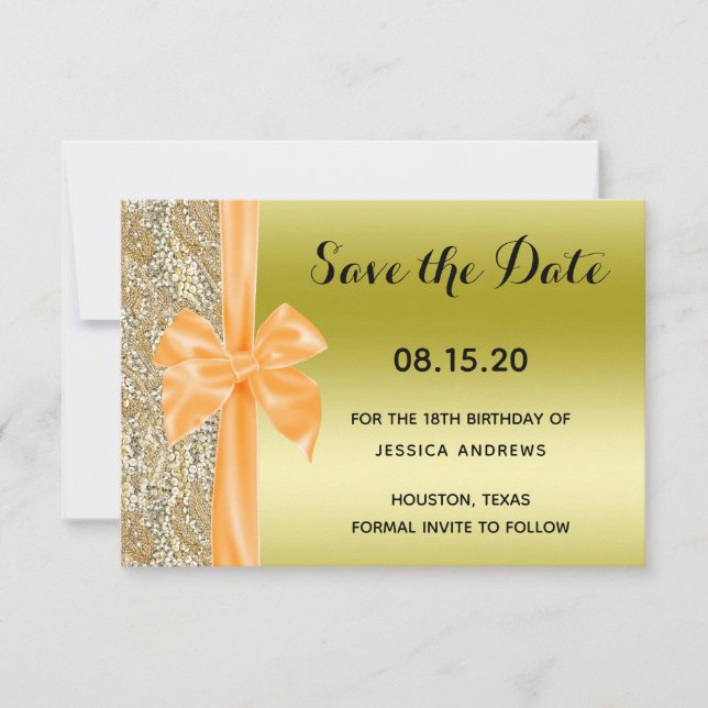Orange Silk Bow Gold Sequins 18th Birthday Save The Date (Front)