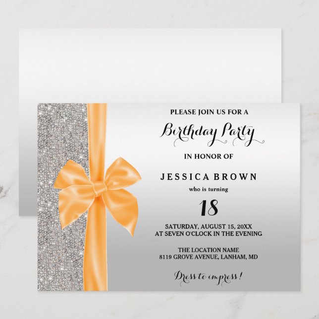 Orange Silk Bow Silver Sequins 18th Birthday Invitation (Front/Back)