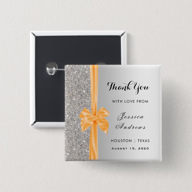 Orange Silk Bow Silver Sequins Birthday Favour 2 Inch Square Button (Front & Back)