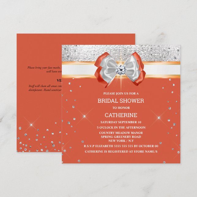Orange silver glitter bow elegant chic sparkle  invitation (Front/Back)