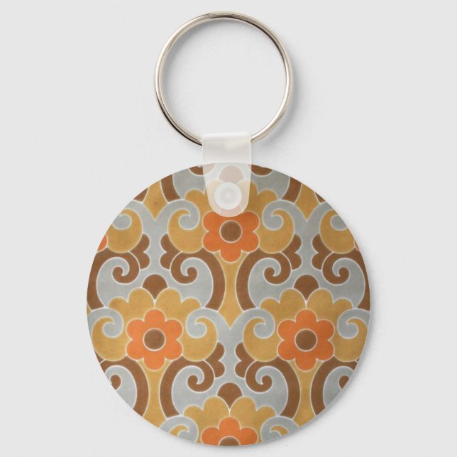 Orange Silver Vintage Floral Wallpaper Keychain (Front)