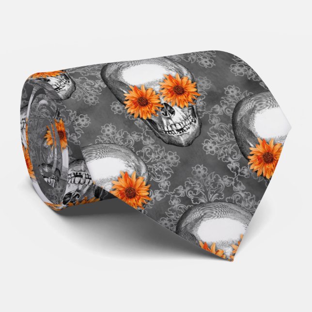 Orange Skulls and Sunflower Series Design 9  Tie (Rolled)