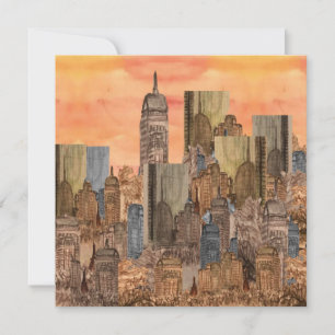 Orange Sky City Sunset Blank Flat Note Card