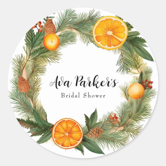 Orange Slice Green Pine Needles Bridal Shower Classic Round Sticker (Front)