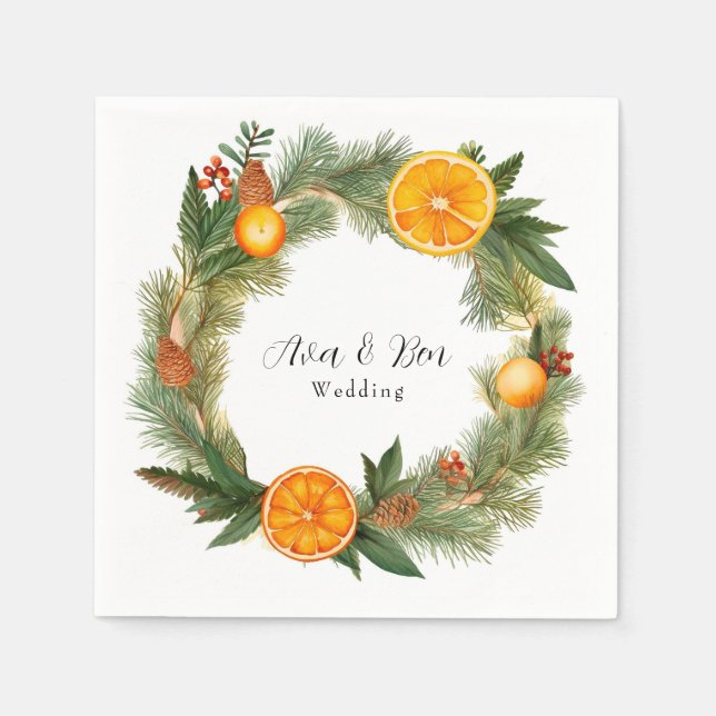 Orange Slice Green Pine Needles Wedding Napkin (Front)