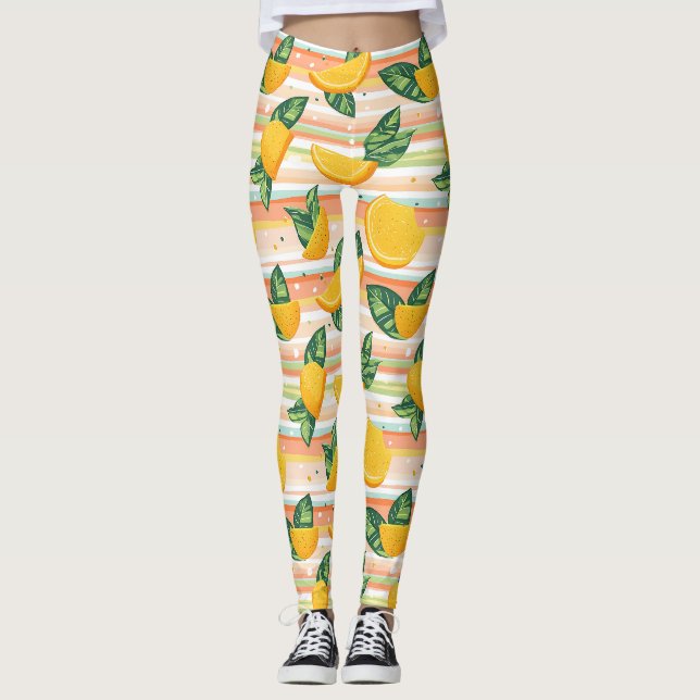 Orange Slice Pattern with Green Leaves on Pastel Leggings (Front)