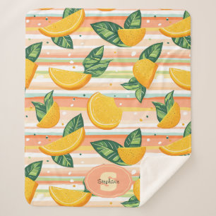 Orange Slice Pattern with Green Leaves on Pastel Sherpa Blanket
