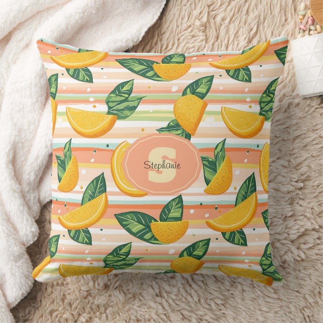 Orange Slice Pattern with Green Leaves on Pastel Throw Pillow (Blanket)