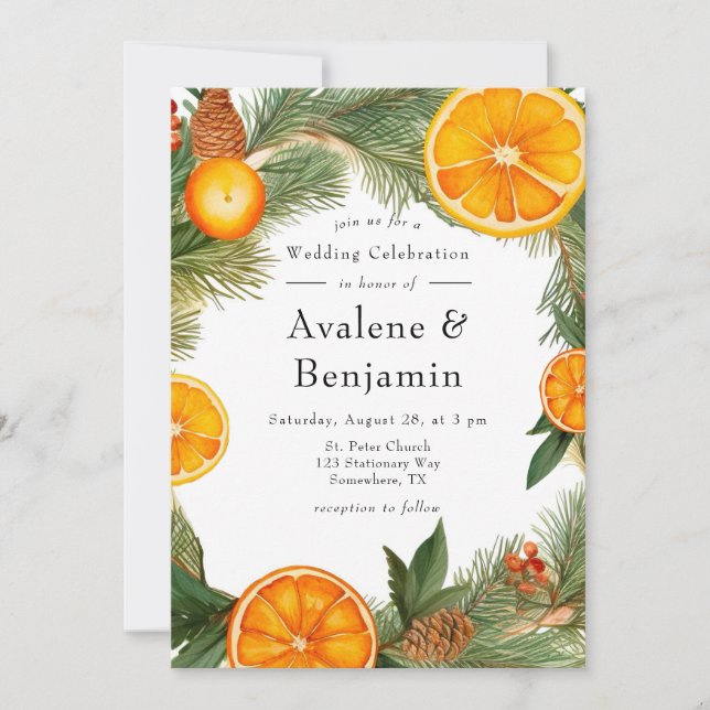 Orange Slice Pine Wreath Wedding Celebration  Invitation (Front)