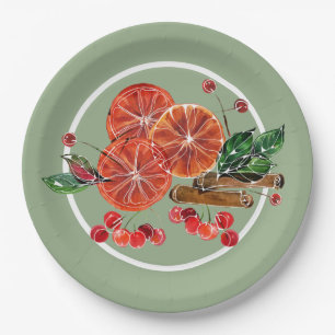 Orange Slices Cinnamon Sticks Berries Autumn Paper Plate