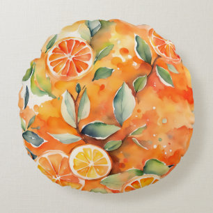 Orange Slices Fresh Watercolor Citrus Design Round Pillow