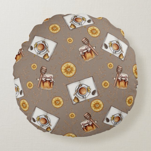Orange Slices & Honey Pattern |  Sweet & Citrus Round Pillow (Front)