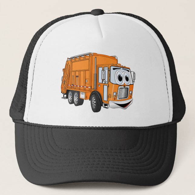 Orange Smiling Garbage Truck Cartoon Trucker Hat (Front)