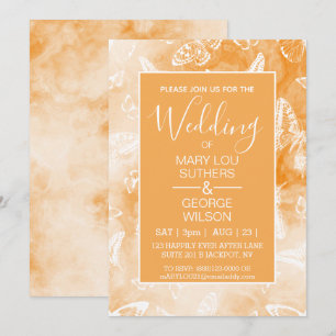 Orange Smokey Marble Butterflies Wedding Invitation