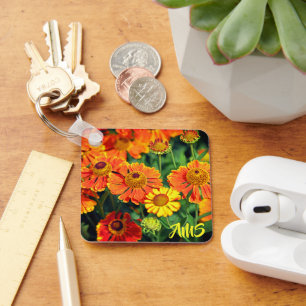 Orange Sneezewort Flowers Monogram Keychain