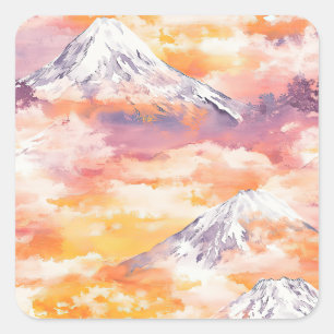 Orange Snow Peaks Sunset Watercolor Nature Art Square Sticker