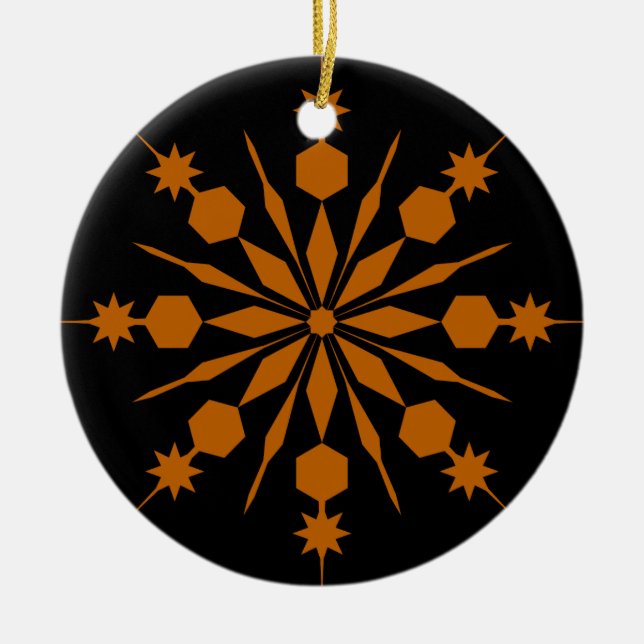 Orange Snowflake on Black Background Ceramic Ornament (Front)