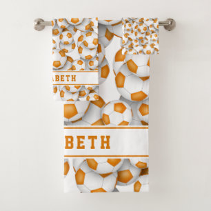 orange soccer balls pattern athlete name  bath towel set