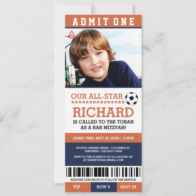 Orange Soccer Bar Mitzvah Invitations (Devant)