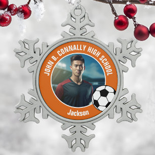 Orange Soccer Player Photo High School Spirit Snowflake Pewter Christmas Ornament