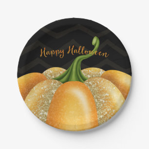 Orange Sparkle Pumpkin Halloween Birthday Party Paper Plate