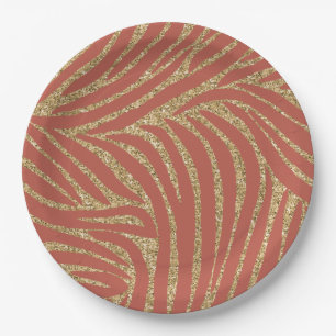 Orange Spice Gold Glitter Zebra Birthday  Paper Plate