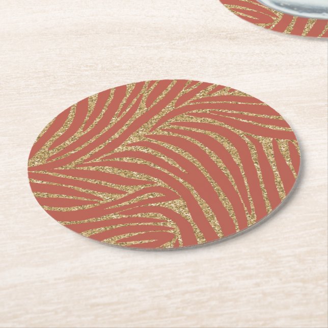 Orange Spice Gold Glitter Zebra Birthday  Round Paper Coaster (Angled)