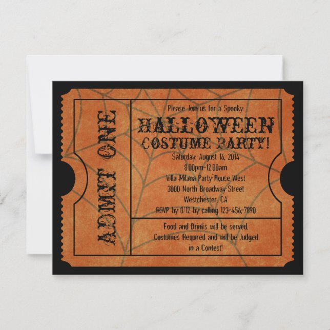 Orange Spider Web Vintage Halloween Ticket Invitation (Front)