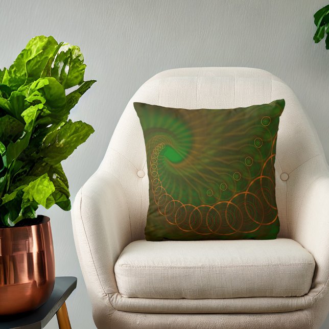 Orange Spiral on Green Fractal Throw Pillow (Creator Uploaded)